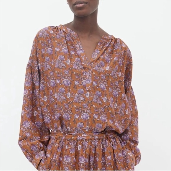 Xirena Romi Blouse Brown w Purple Roses Print SZ S - Picture 1 of 8